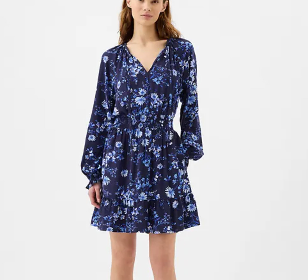 NWT Gap Blue Floral Mini Dress Women's Size L Long Sleeve Boho Loose Fit